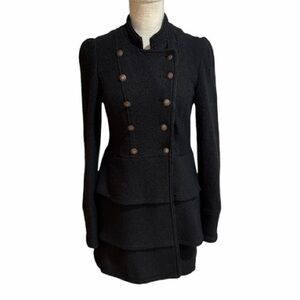 Free People Black Double-Breasted Military Style Tiered Peplum Hem Pea Coat Sz 4